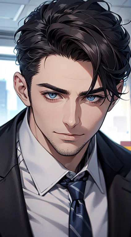 (best quality,4k,8k,highres,masterpiece:1.2),ultra-detailed,(realistic,photorealistic,photo-realistic:1.37),1 man,31 years old,mature man,very handsome,without expression,smile,short grey black hair,blue eyes,penetrating gaze,perfect face without errors,imposing posture,businessman,office background,cinematic lighting,hdr image