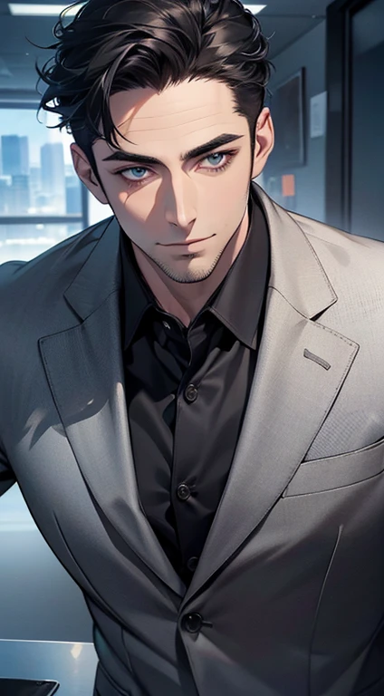 (best quality,4k,8k,highres,masterpiece:1.2),ultra-detailed,(realistic,photorealistic,photo-realistic:1.37),1 man,31 years old,mature man,very handsome,without expression,smile,short grey black hair,blue eyes,penetrating gaze,perfect face without errors,imposing posture,businessman,office background,cinematic lighting,hdr image