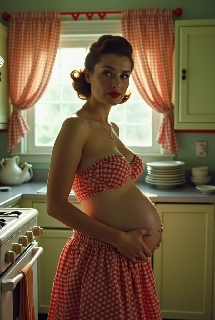 A pregnant 1950's housewife crying in a vintage kitchen. Topless