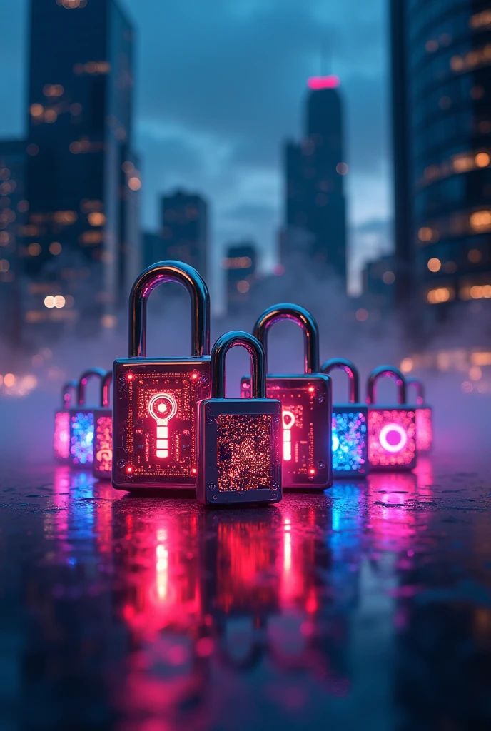Various futuristic padlocks technology with rays