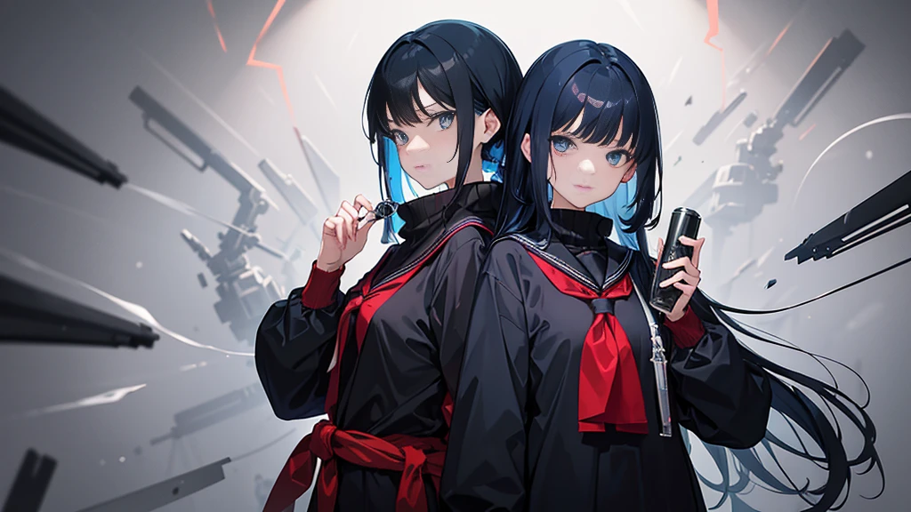 A slightly eerie  girl with dark blue hair in a black sailor uniform with white lines and a red scarf, holding a flask and test tube of different translucent colors in both hands, striking a confident pose. She has a smirk and a haunting gaze that suggests a yandere-like obsession with her experiments, implying a deep love for human personality study. The character is centrally positioned against a background featuring quantum mechanics diagrams, complex mathematical formulas, and a faintly blended DNA double helix, all adding to the ominous atmosphere.