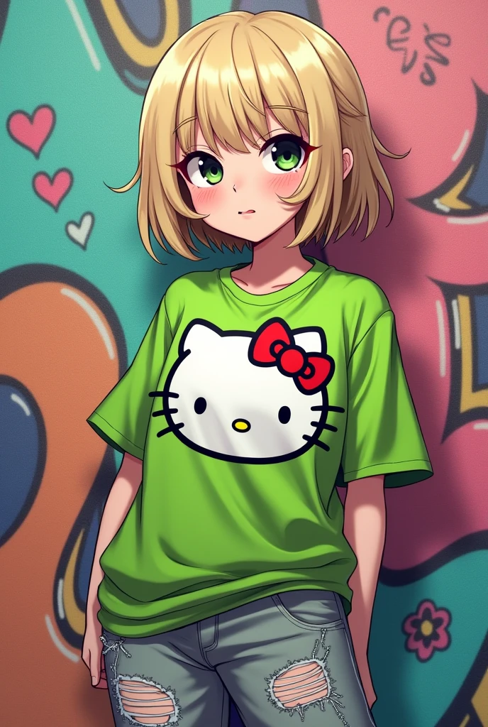 Female character with short but slightly long hair and a slightly long fringe, beige hair color, green shirt with Hello Kitty in the middle, gray ripped green pants, black and green eyes.
