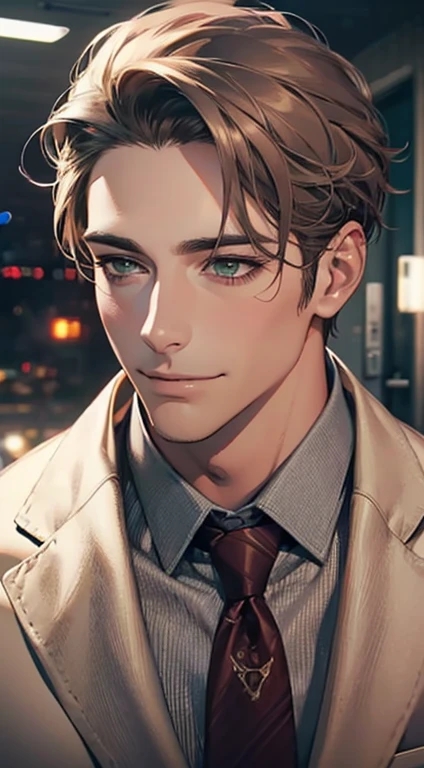 (Highest quality,4K,8K,High resolution,masterpiece:1.2),Super detailed,(Realistic,photoRealistic,photo-Realistic:1.37),1 person,34 years old,Mature Men,Beautiful skin、very handsome,Expressionless smile in love,Short gray brown hair,green eyes,Sharp Eyes,A perfect face without a doubt,Businessman, CEO, Office Background,Cinema Lighting,HDR image,tie、