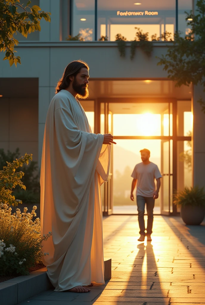 At the entrance of a hospital is Jesus and in the distance you can see a sick young man returning to the hospital to be hospitalized.. Let it be seen that it is a hospital