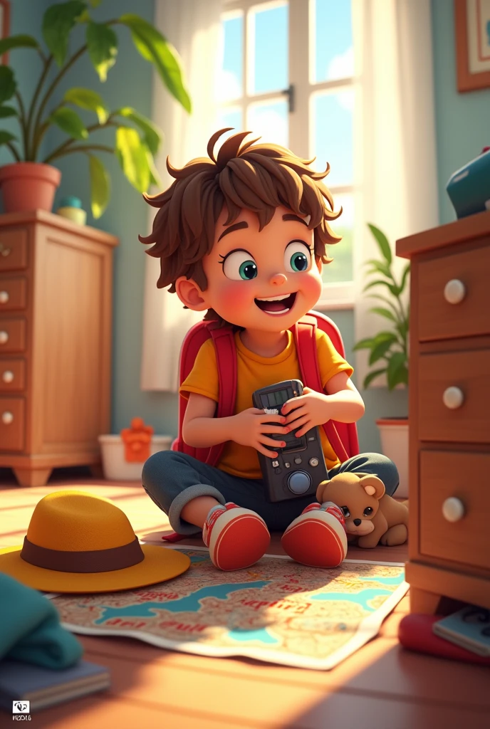 Animated depiction of a boy packing his things for a trip