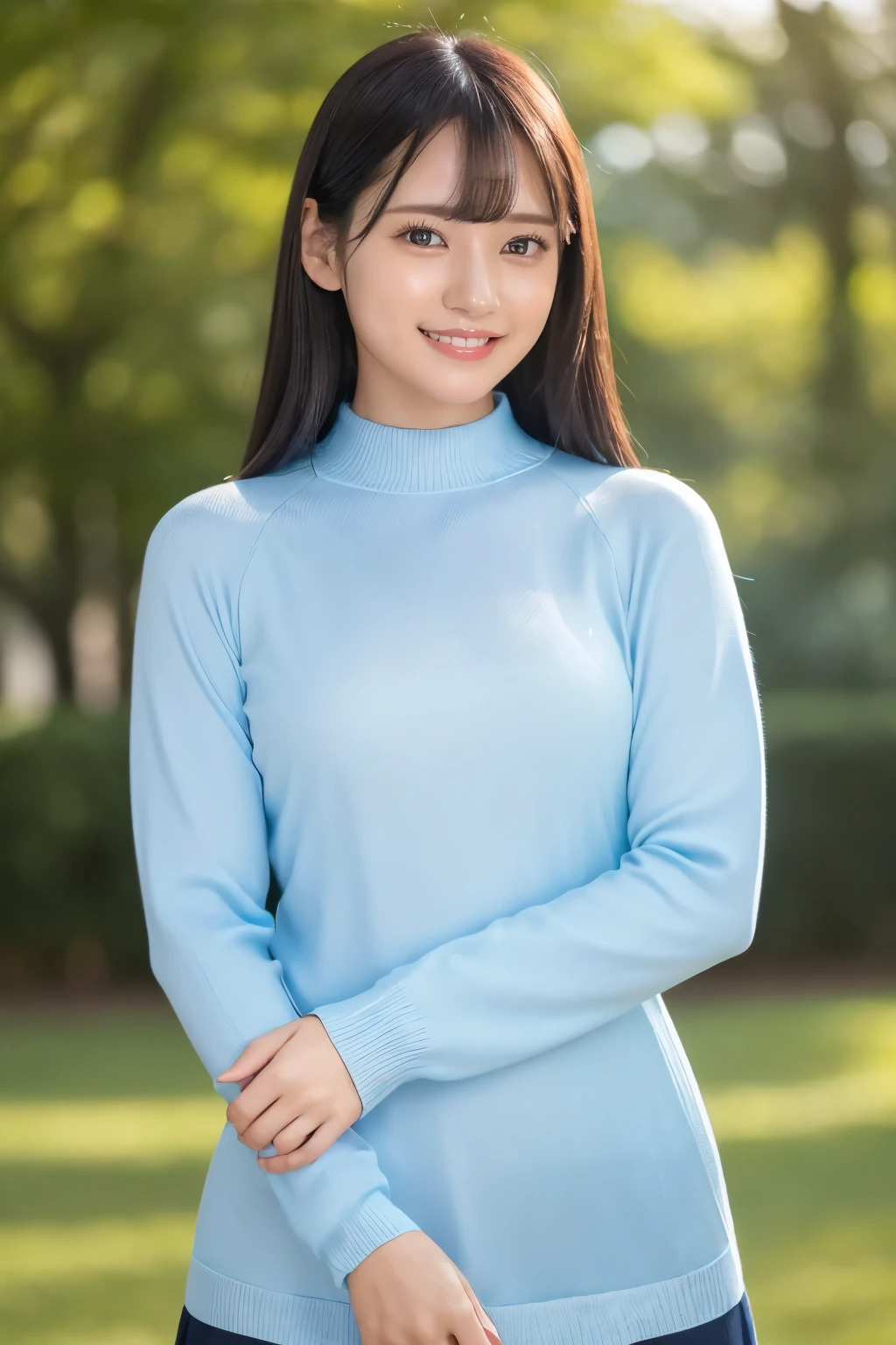 (Highest quality、Tabletop、8k、Best image quality、Award-winning works)、Cute beautiful girl、(Elegant light blue tight long sleeve knit:1.3)、(Stand upright facing the front:1.1)、Glowing Skin、Standing Elegantly、(Perfectly blurred beautiful park background:1.2)、Smile with closed lips、(Face close-up:1.2)、Perfect beautiful bangs、nose