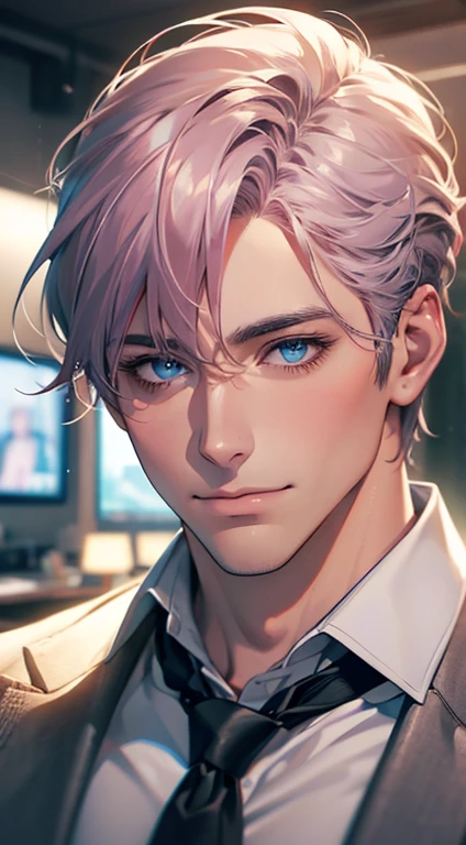 (Highest quality,4K,8K,High resolution,masterpiece:1.2),Super detailed,(Realistic,photoRealistic,photo-Realistic:1.37),1 person,31 years old,Mature Men,Beautiful skin、very handsome,Expressionless,smile,Short gray pink hair,blue eyes,Sharp Eyes,A perfect face without a doubt,Businessman,Office Background,Cinema Lighting,HDR image,tie、