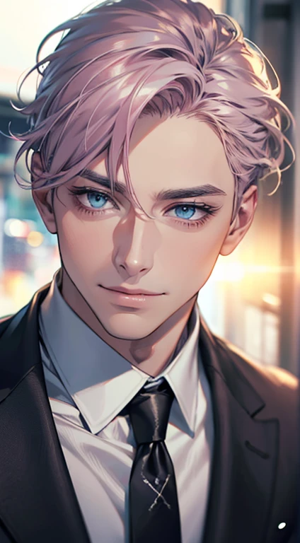 (Highest quality,4K,8K,High resolution,masterpiece:1.2),Super detailed,(Realistic,photoRealistic,photo-Realistic:1.37),1 person,31 years old,Mature Men,Beautiful skin、very handsome,Expressionless,smile,Short gray pink hair,blue eyes,Sharp Eyes,A perfect face without a doubt,Businessman,Office Background,Cinema Lighting,HDR image,tie、