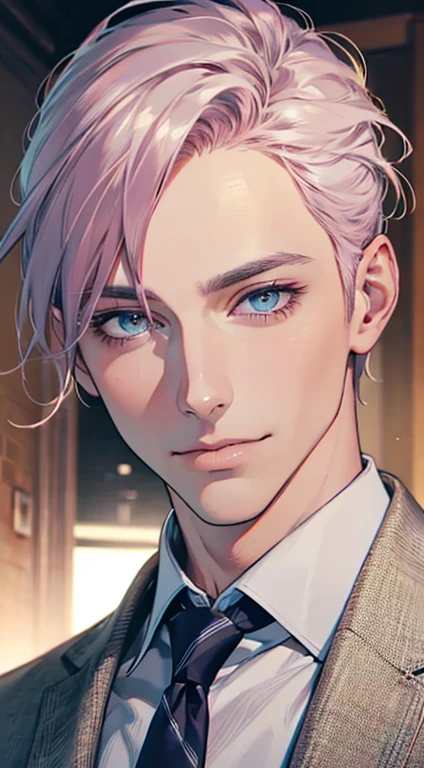 (Highest quality,4K,8K,High resolution,masterpiece:1.2),Super detailed,(Realistic,photoRealistic,photo-Realistic:1.37),1 person,31 years old,Mature Men,Beautiful skin、very handsome,Expressionless,smile,Short gray pink hair,blue eyes,Sharp Eyes,A perfect face without a doubt,Businessman,Office Background,Cinema Lighting,HDR image,tie、