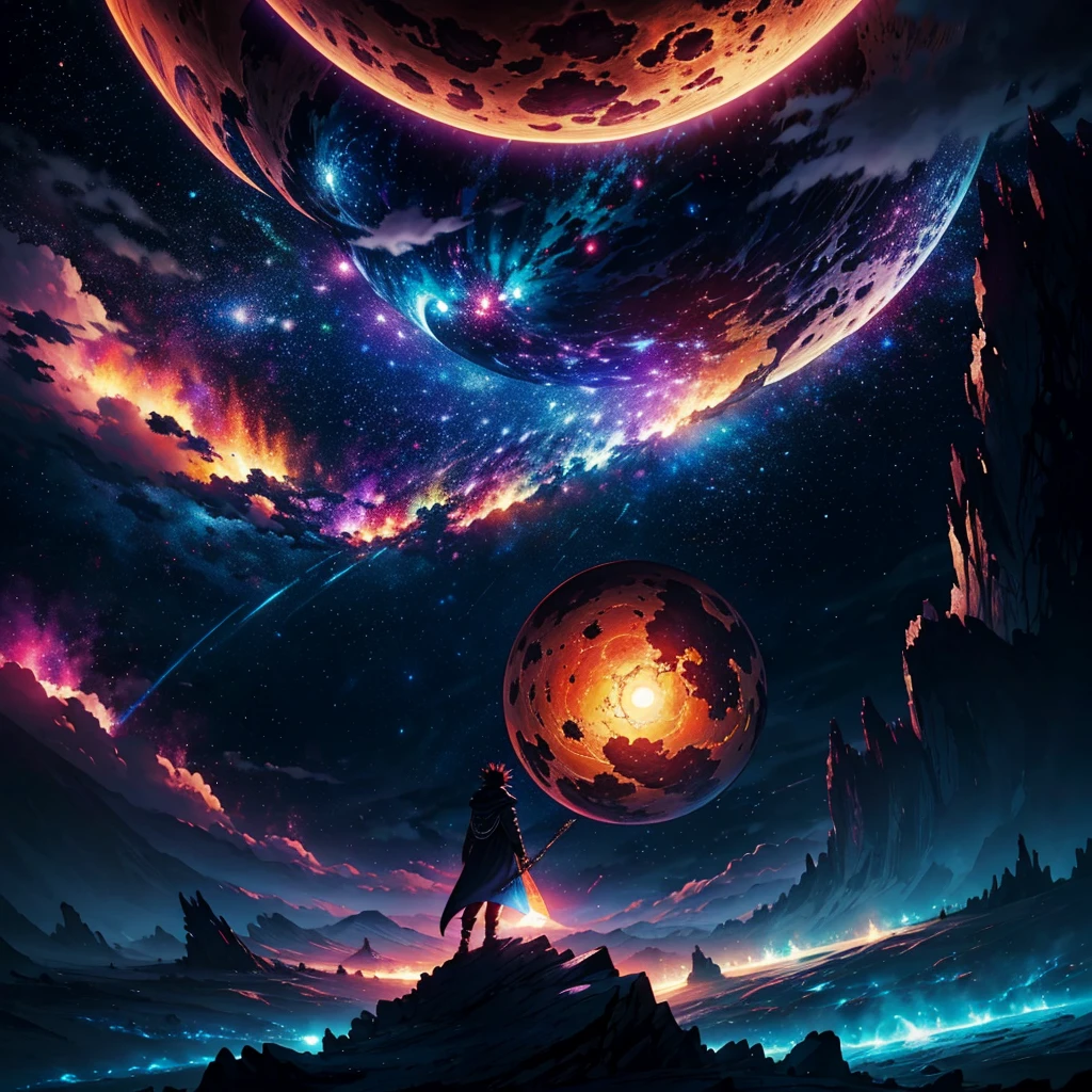 Cosmic horror, hypercinematic artwork of a Natsu Dragneel on a strange planet, dramatic colors, beautiful lighting, extreme shading, epic, Breathtaking, lightrays, uncanny, Tough, Cosmic, star dust wind, a strange landscape, DeepL, great composition,surreal sky, spell, Long exposure