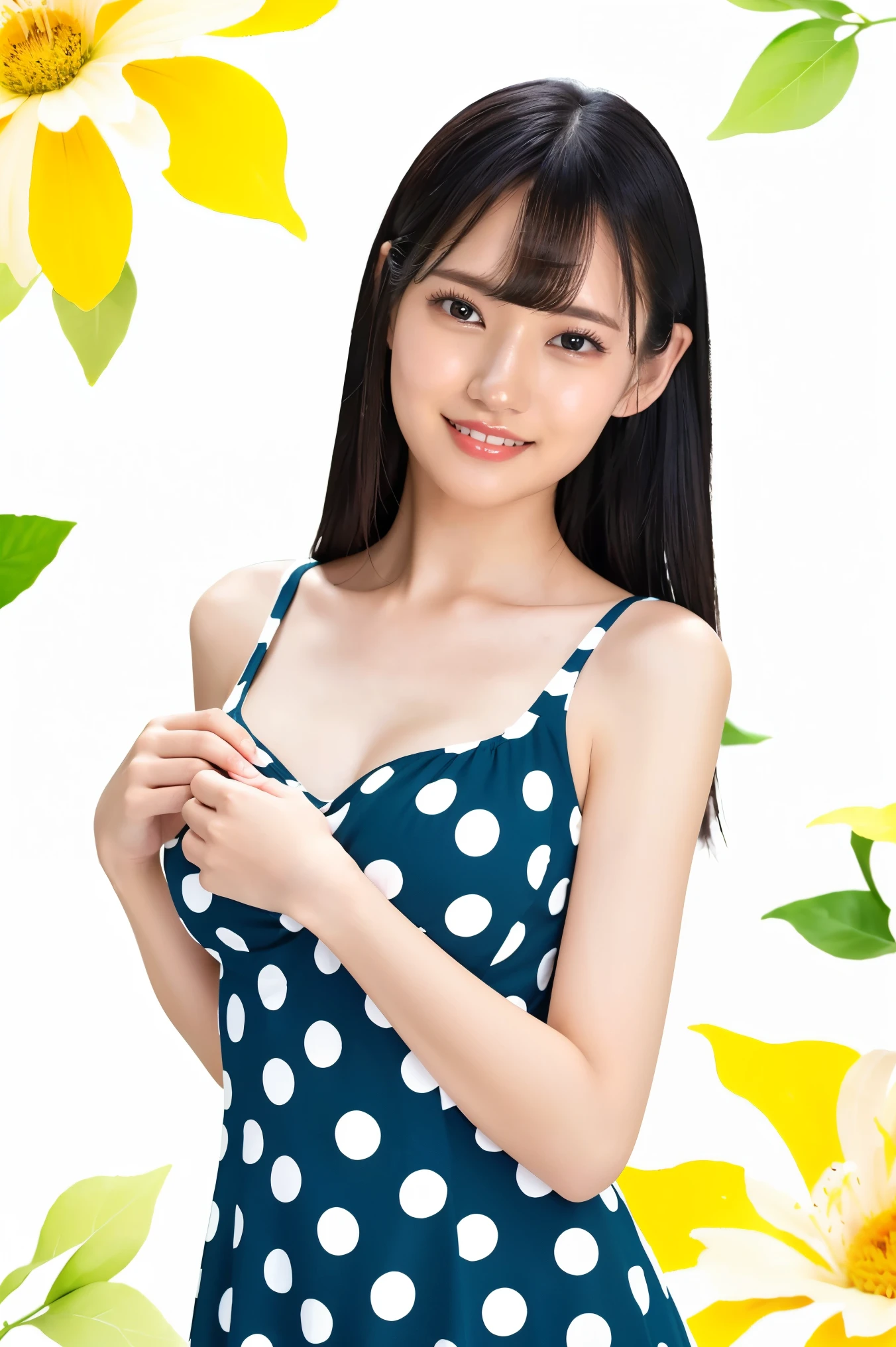 (Highest quality、masterpiece、8k、Best image quality、Hyperrealism、Award-winning works)、(Elegant polka dot dress:1.3)、(Wide々beautiful beach background:1.2)、(The clearest, most beautiful sparkling sea:1.1)、Beautiful blue sky、Beautiful cumulonimbus clouds、(Standing Elegantly:1.1)、Accurate anatomy、Perfect Makeup、Long eyelashes、Glossy Lips、Ultra HD glossy skin、(Ultra-high resolution, bright and beautiful skin:1.1)、(very bright and vivid:1.1)、超高精細のGlossy Lips、(very bright and vivid:1.1)、(Cute Smile:1.1)、(Closed lips:1.1)、(Perfect and most natural bangs:1.1)、(Upper body photo:1.1)、(Cute gravure pose:1.1)、(The smallest breast:1.1)、(The thinnest body:1.1)