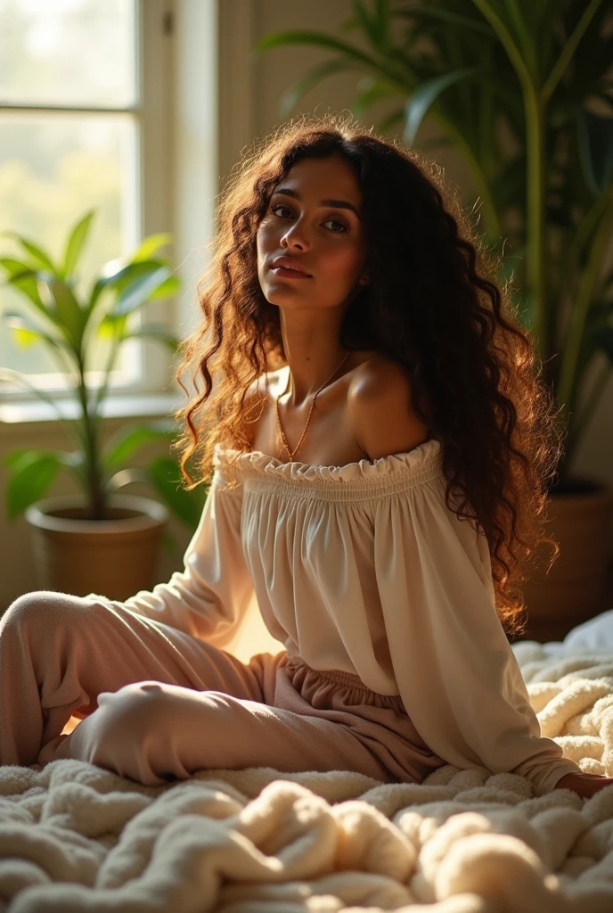 (photorealism:1.2), beautiful woman, sitting on bed, wearing loose off-shoulder top, pajama pants, long curly hair, indoors, soft lighting, plants in background, window with sunlight, cozy room, relaxed pose, realistic, intricate details, warm colors, by Greg Rutkowski, by Alphonse Mucha