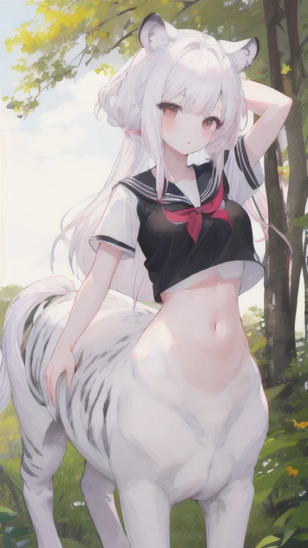 (best quality, masterpiece), 1 girl, centaur, I beg, White skin, Korean schoolgirl,daughter,black pink, exposing the abdomen, belly button t-shirt , 아름다운 소녀 Perfect wild white tiger photo, Perfect wild white tiger photo