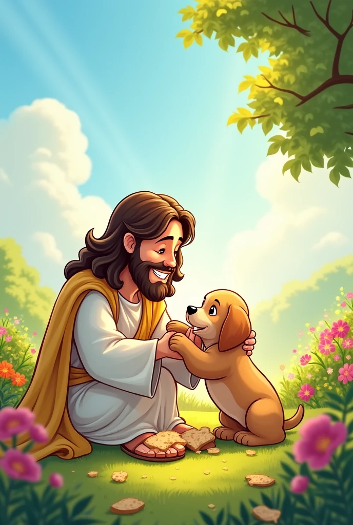 Jesus Christ in a tender cartoon , happily petting and feeding a small puppy