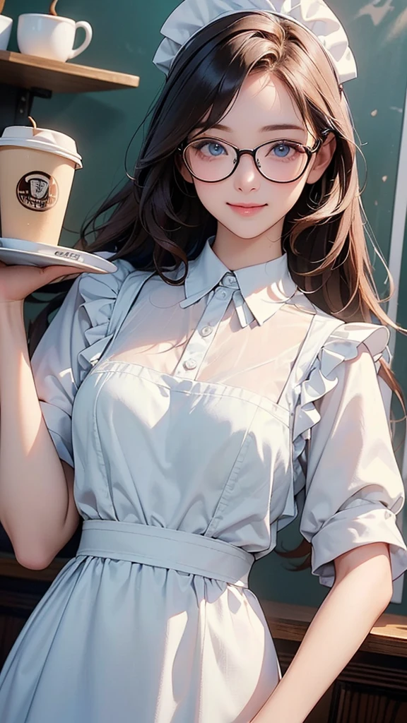 One Girl(High resolution, masterpiece, accurate, Anatomically correct), ((Landscape、Wearing glasses、A happy look、holding a tray with coffee.))、(Hair the color of water, with ends that are fluffy、Light blue eyes)、((Cute maid outfit with a lot of exposure、))((Inside a coffee shop、Coffee shop staff))、Highest quality, Ultra high definition, High-resolution model