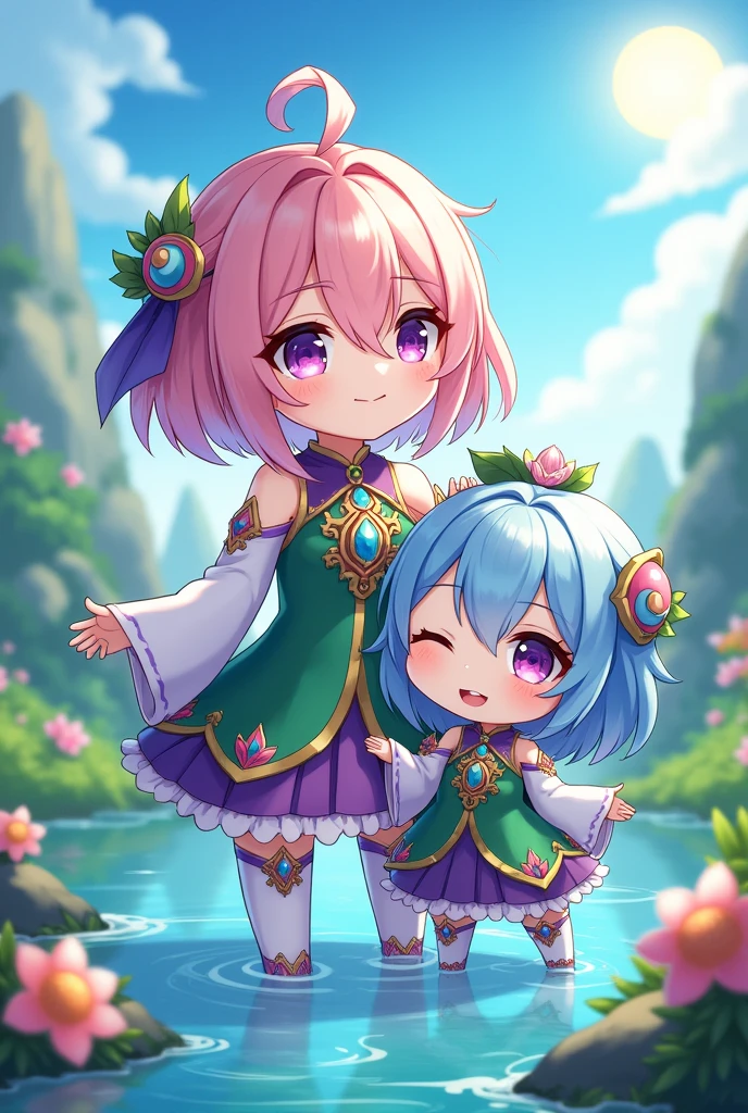 Female Genshin Impact character that is hydro element, with pink hair that's not too long or short that has violet eyes and a cute green and purple outfit. That this be next to the cute character of that game