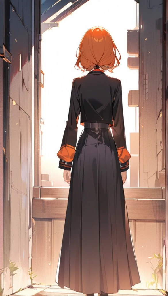 1 Girl, Orange Hair, Red Eyes, skirt, (Solitary:1.3),  