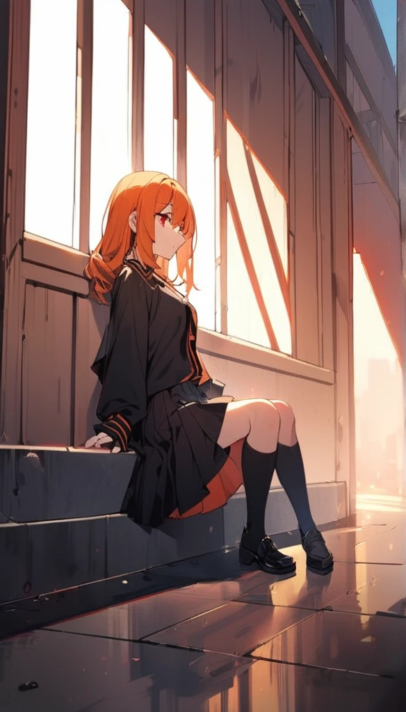 1 Girl, Orange Hair, Red Eyes, skirt, (Solitary:1.3),