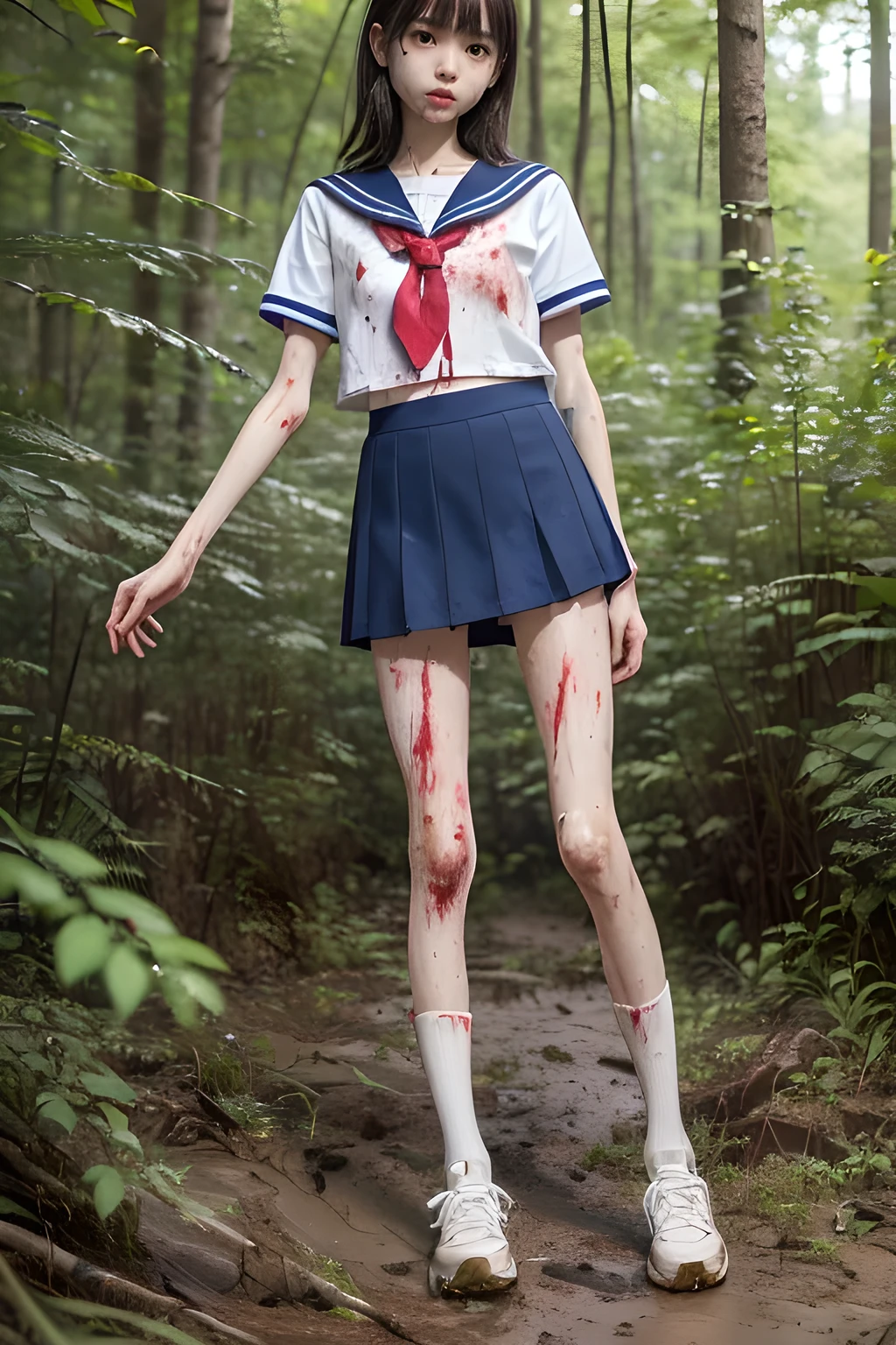 (8K、RAW Photos、highest quality、masterpiece:1.2), (Realistic、Photorealistic:1.2), (High resolution skin:1.1), Beautiful young girl,japanese,small breasts,(Slender girl:1.4),(Thin legs:1.4),dark blue mini skirt,sailor suit, (White high socks), Short sleeve,sneakers, whole body,forest,standing,(muddy),(wounds,bloody legs:1.4)