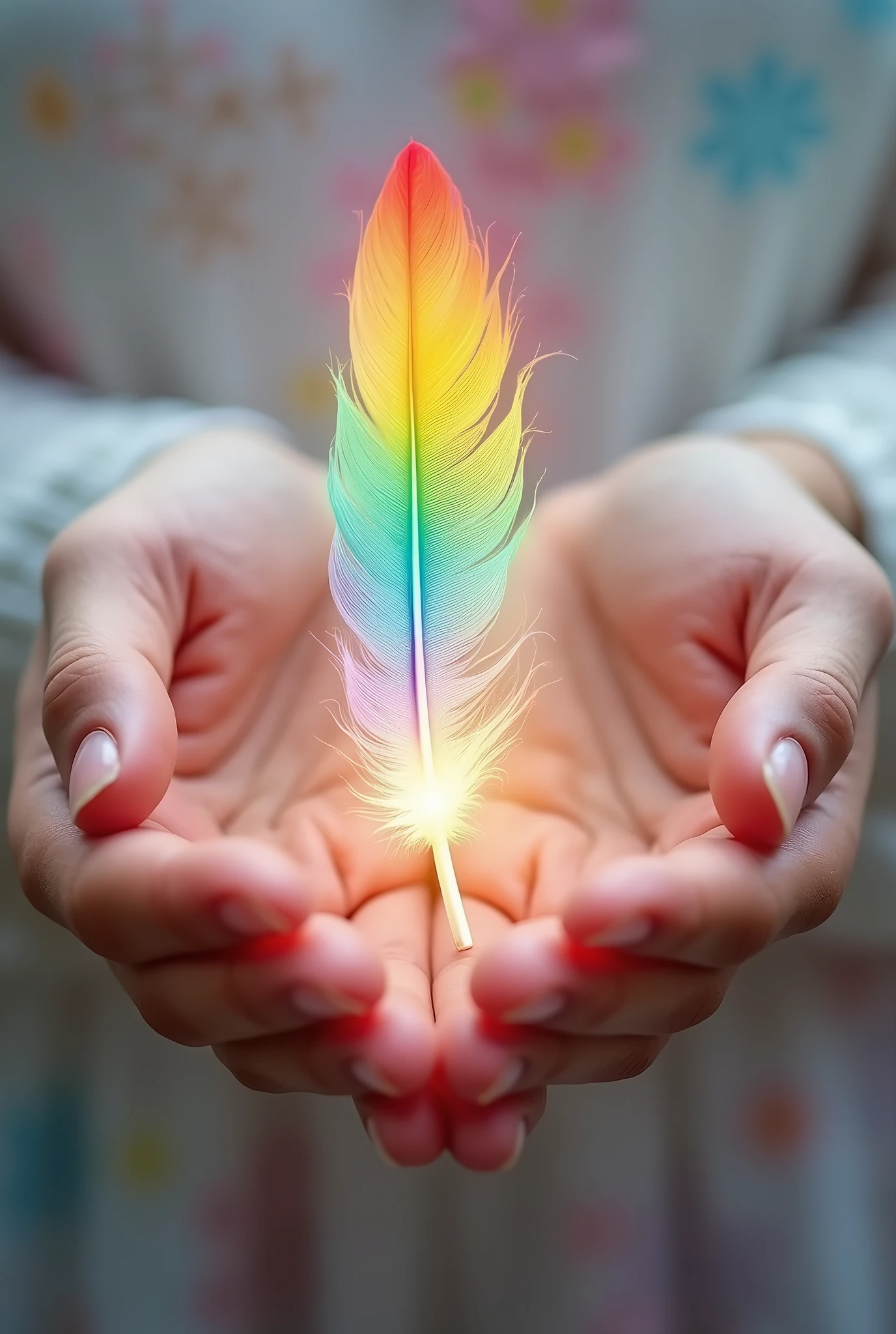 hand、両handで包む、A single angel's feather in the middle、Close-up,Rainbow-colored feathers