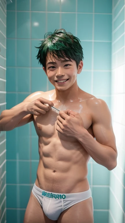 Japanese men、13 years old、Well-developed muscles and smooth skin、Fluffy, voluminous, bright green hair、Light blue boxer briefs、You can see the whole body from head to toe.、Smiling softly and friendly、Hero Academy、Masculine poses in the shower