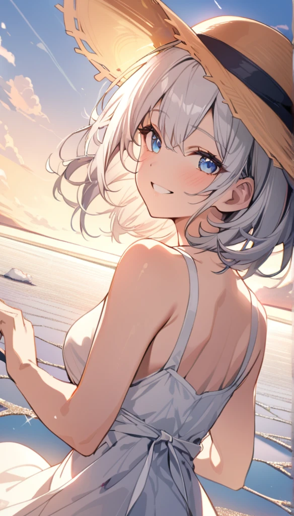 1 Girl, masterpiece, Extremely detailed, (Beautiful and delicate light), lens flare, White hair, short hair, Flowing hair, look back, Back, Smile, blue eyes, White Dress, Medium breasts, Upper Body, Wide-angle lens, straw hat, ((Uyuni Salt Flats)), sunrise, cloud, Backlight, 紫色Sky, Sky, 渐变Sky, Place your hands on your hat