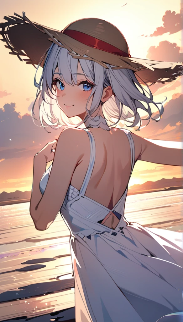 1 Girl, masterpiece, Extremely detailed, (Beautiful and delicate light), lens flare, White hair, short hair, Flowing hair, look back, Back, Smile, blue eyes, White Dress, Medium breasts, Upper Body, Wide-angle lens, straw hat, ((Uyuni Salt Flats)), sunrise, cloud, Backlight, 紫色Sky, Sky, 渐变Sky, Place your hands on your hat
