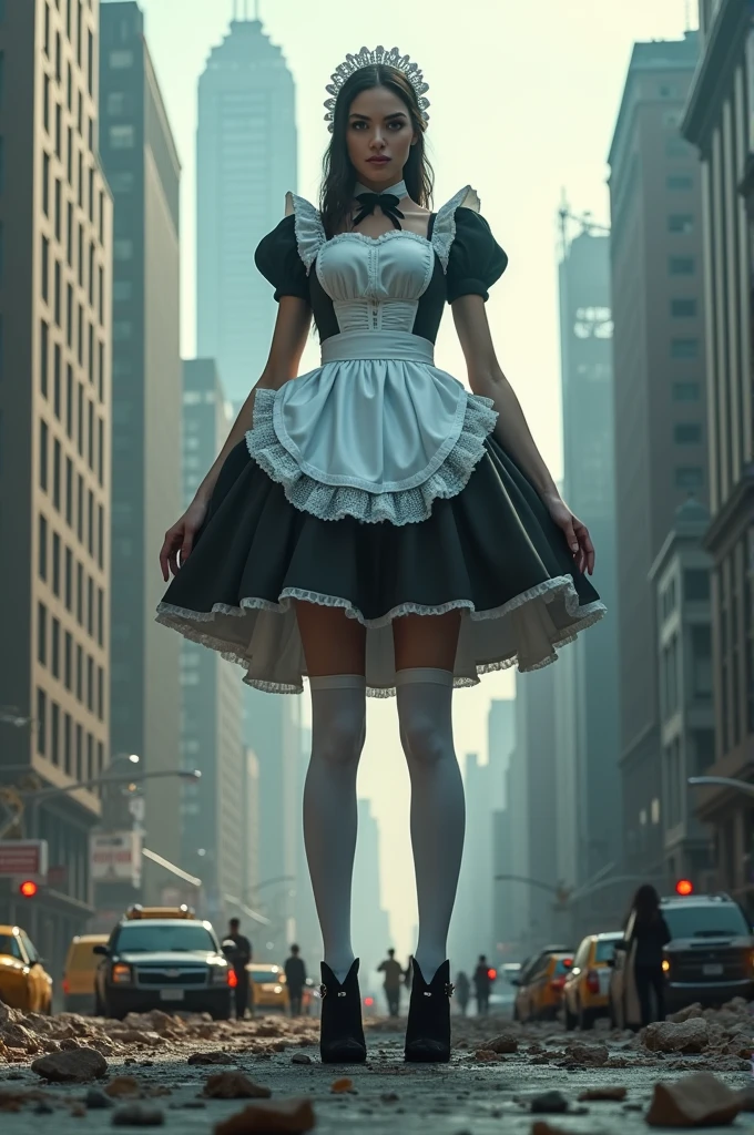 超skyscraperより大きいメイド、Camera view of a building、steampunk、Standing on the ruins、大きなビルのexplosion、Collapse of buildings、Urban hustle and bustle、Traffic jam、City of Rubble、street tree、Car and bus、truck、taxi、Boulevards of the city、Pedestrian bridge、Tram line((((A maid bigger than a building))))、Gothic Frill Maid Outfit、、((Super big breasts))、((Plump thighs))、Ground View、City of Titans、500 foot tall giant girl、skyscraper、Has super long legs、Step into the crowd、There are a lot of people on the street、Knee-high socks、Happy expression、Standing on the ruins、Beautiful appearance、Exquisite makeup、quality、8k、高quality、Perfect proportions、Cinema Lighting、Film Grain、Fuji、8k、Texture skin、Super Detail、High detail、高quality、High resolution、explosion、Fake smile、Reach out