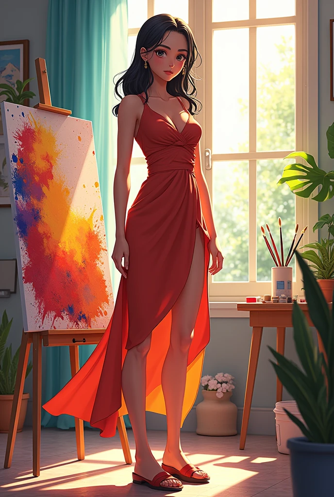 in anime style a girl with a strong body who likes to paint, wearing a realistic full body dress