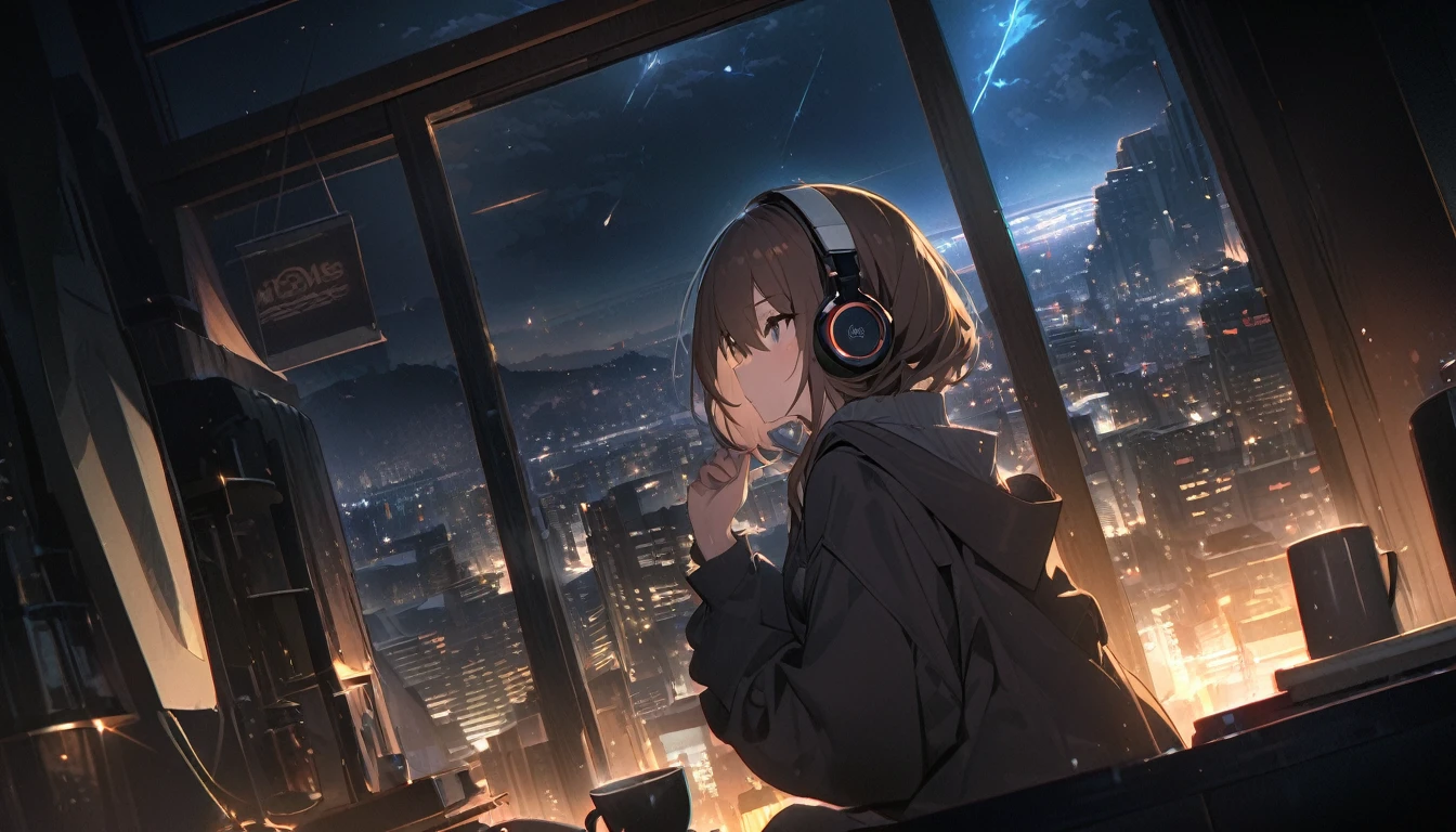 Ultra-high resolution, 8k, (masterpiece, mysterious:1.2), Works by Makoto Shinkaisei, Lo-fi feeling, Perfect human body engineering, 1 female, mysteriousな瞳, Her charm is her beautiful eyes, Shiny brown hair, Listening to music through headphones, Looking out the window, Room with musical instruments, city view from the window, impressive cityscape, Night Sky, meteor, Wide-angle, Coffee in a mug,