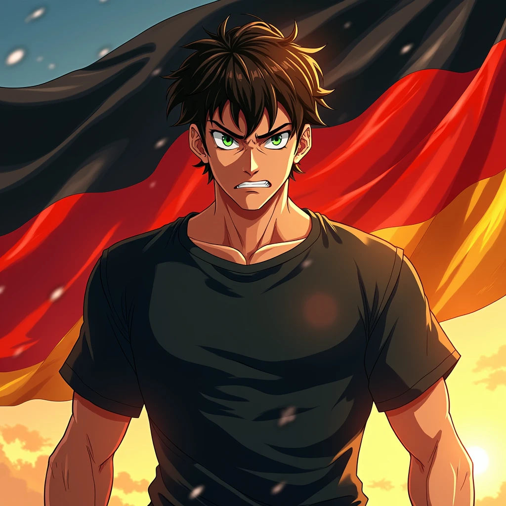 handsome young brunette angry guy with green eyes on the background of the flag of Germany in anime style