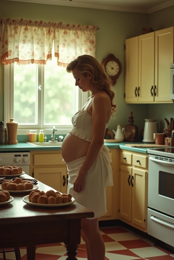 A pregnant 1950's housewife crying in a vintage kitchen. Topless