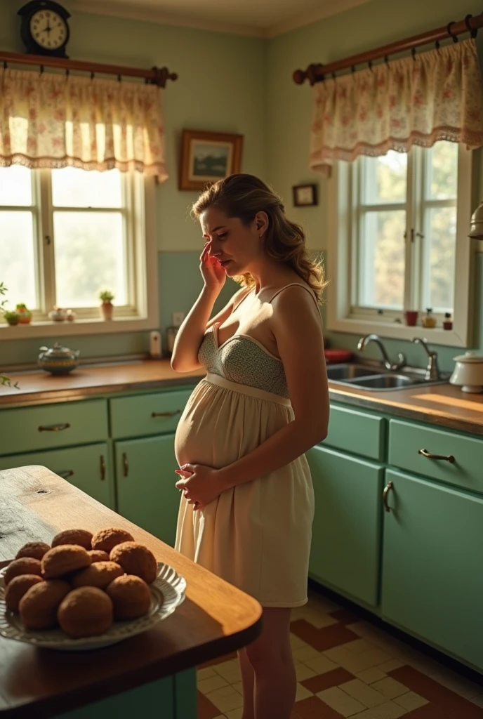 A pregnant 1950's housewife crying in a vintage kitchen. Topless