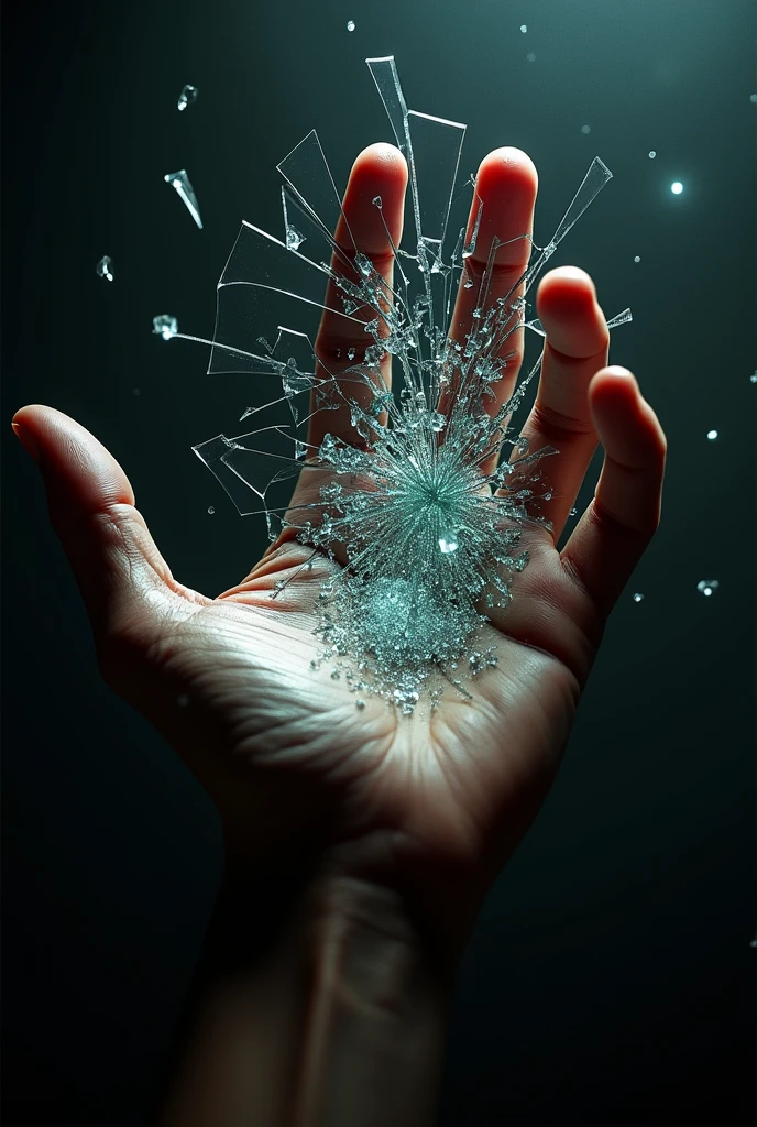a hand shattering a mirror, broken glass, shards, realistic, highly detailed, hyper realistic, photorealistic, incredibly detailed, 8k, high resolution, best quality, masterpiece, chiaroscuro lighting, dramatic shadows, gritty, moody, sentimental, pensive, emotional, melancholy, dramatic, cinematic, oil painting, impasto, textured, intricate, precise, sharp focus, vivid colors, wide dynamic range, HDR, 3D render, CGI, studio lighting, physically based rendering