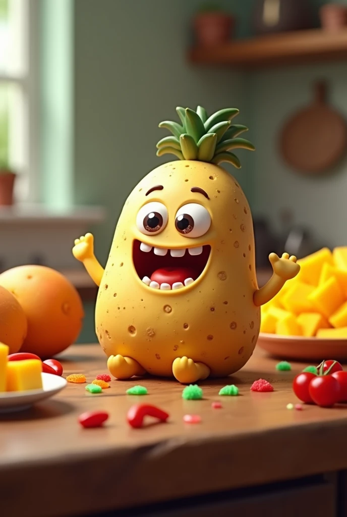 A cute, kawaii, animated potatoe that is acting very crazy and dummy, sitting on a table waiting to be cooked, surrounded by many mangoes, gummies, and chillies