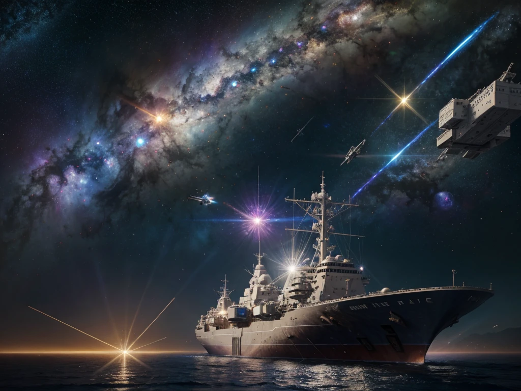 masterpiece, very detailed, fantastic quality, 4k, Ultra Detailed 8K CG, ultra high res, High quality texture, High quality shadows, vivid colors, lens flare, nebula, space, space battleship, spaceships escorting, stars, lights, ships saling across the galaxy, defending the human supremacy from anyone standing on their path, battles, explosions on the distance, 