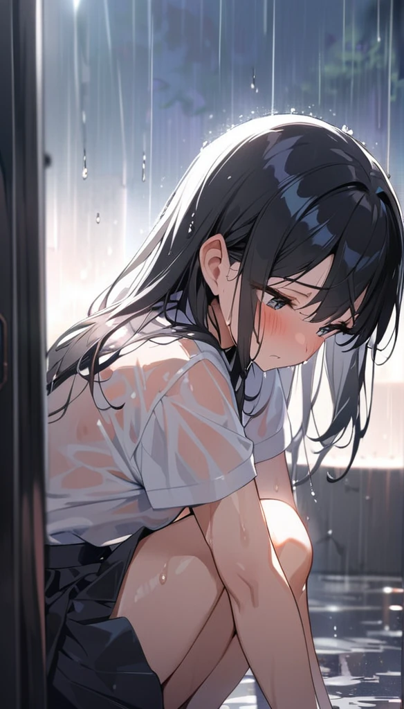 1 Girl, Black long hair,schoolgirl, Shy, blush, wet, rain, transparent, (masterpiece, best quality), Soft Light, Film composition, Movie Lighting