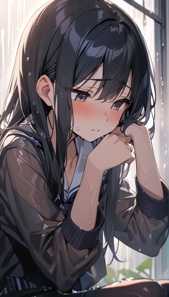 1 Girl, Black long hair,schoolgirl, Shy, blush, wet, rain, transparent, (masterpiece, best quality), Soft Light, Film composition, Movie Lighting