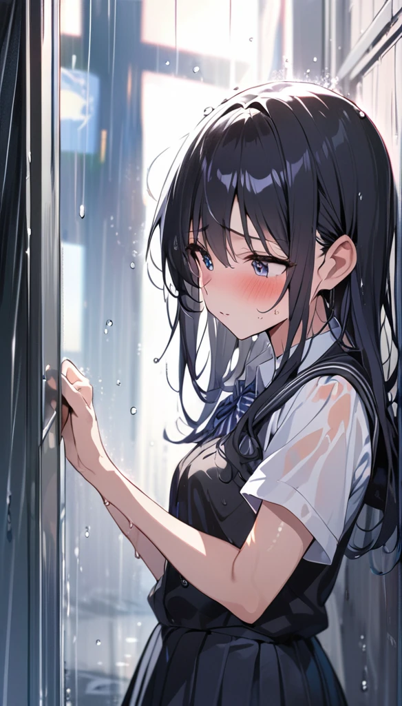 1 Girl, Black long hair,schoolgirl, Shy, blush, wet, rain, transparent, (masterpiece, best quality), Soft Light, Film composition, Movie Lighting