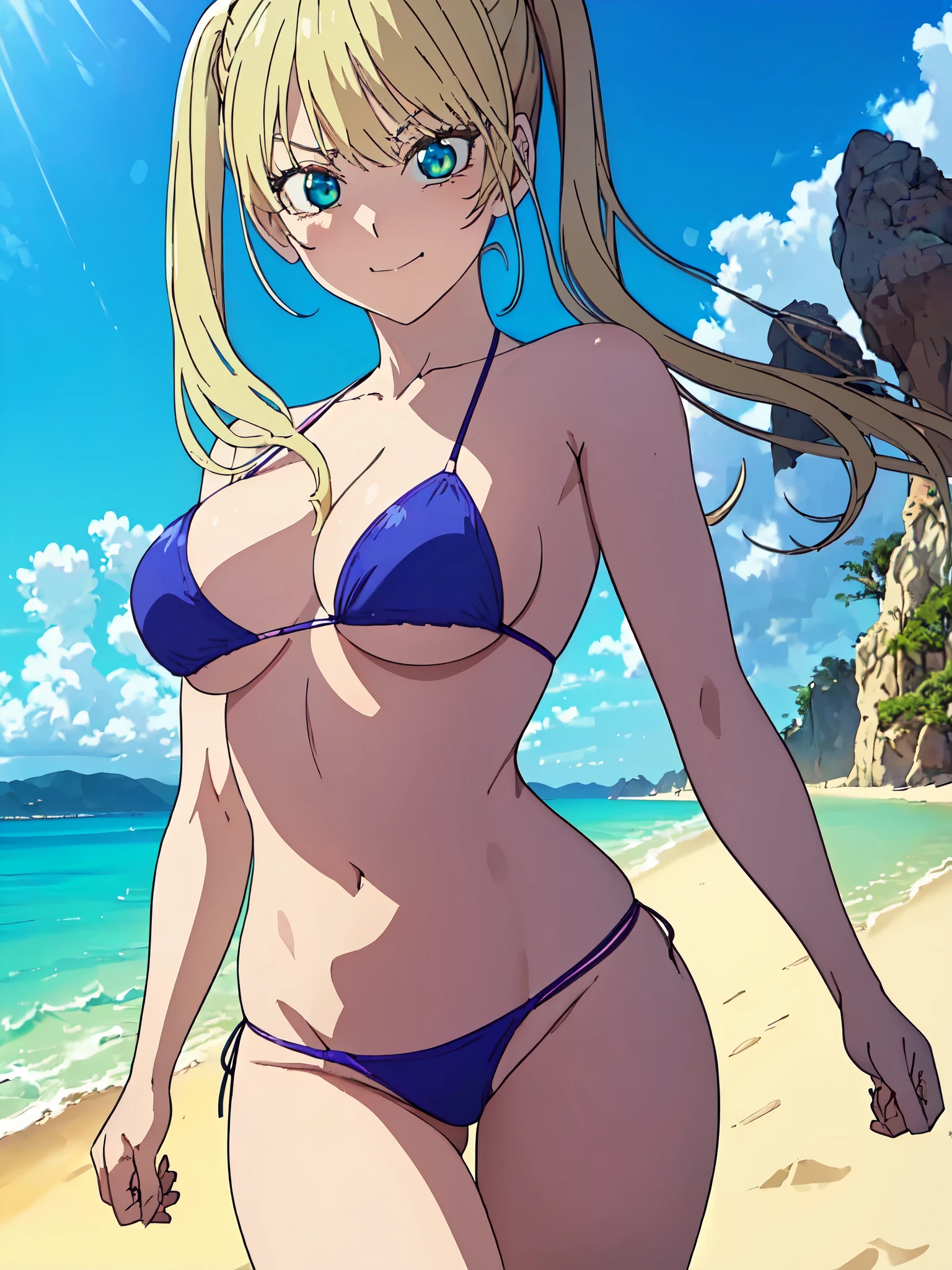 ((((masterpiece、Highest quality、High resolution)、anime)))、White Hair、Beautiful, smooth chest、(Dynamic pose)、looking at the camera、(Beautiful detailed face、Beautiful big eyes)、((One beautiful person))、Good sensitivity、((Sexy pose))、((Embarrassed face))、Red cheeks、Wear a blue bikini、A demure smile、Walking on the sandy beach of a calm early morning coast.