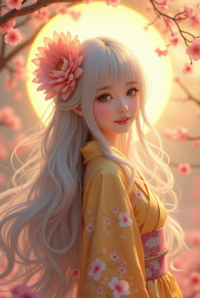 goddess　Alluring　Japanese style　Golden kimono　Long Hair　Silver Hair　Gorgeous large flower hair ornament　Golden halo　Big eyes　Pink flowers background　Like a fairy　Smiling