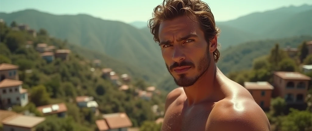 Sensual photo of a muscular man with a mustache and light brown rebellious hair, he's on the favela hill of Brazilian houses, he is naked, sensual look at the camera, homem gay sensual , hot sun sweating 