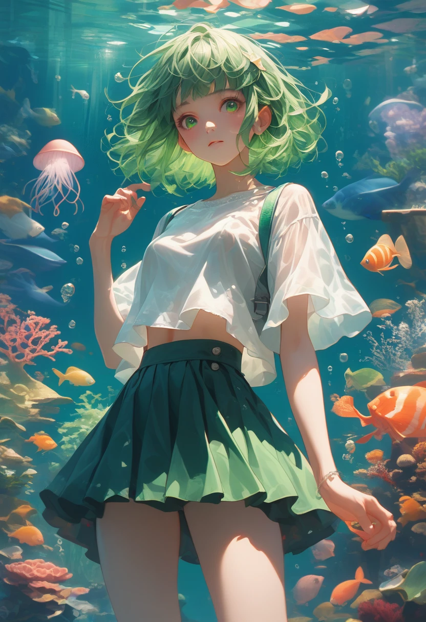 aquariumのクラゲ水槽を見ている、Shortcuts, Bangs, Green Hair, Jellyfish perspective through the tank、Sparkle Effect, Chiaroscuro, aquarium、Through the glass、mini skirt