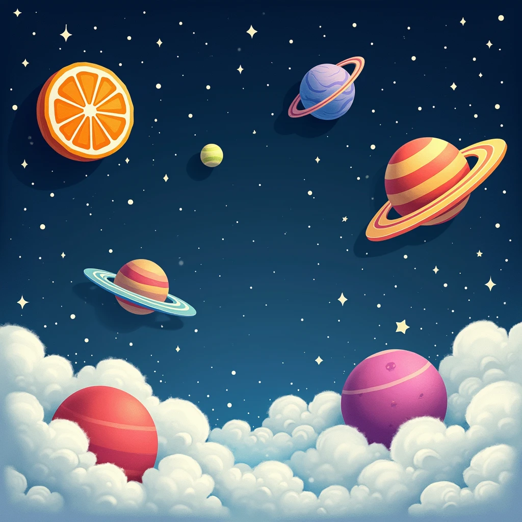 generate a space with stars in a cartoon style with some planets that seem to be very long, in the simplest cardboard style