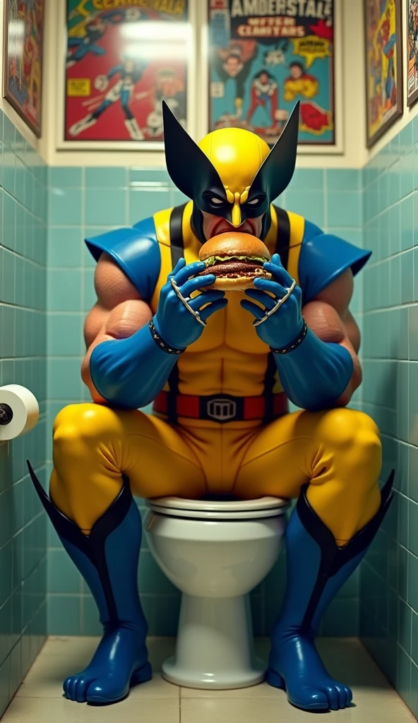 IMAGE DE HAUTE QUALITÉ EN RÉALITÉ, LE SUPER HÉROS MARVEL WOLVERINE ASSIS SUR LES TOILETTES MANGEANT UN HAMBURGER