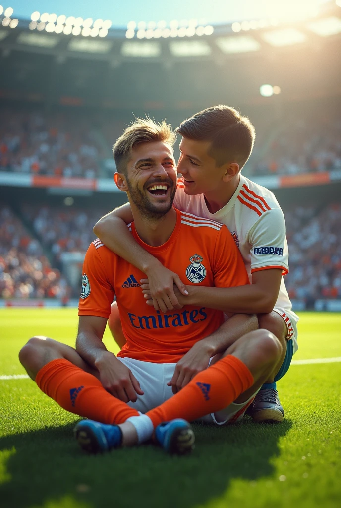 Toni Kroos sits on Jude Bellingham's lap wearing a Madrid jersey, his legs spread wide