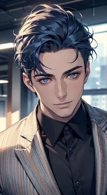 (best quality,4k,8k,highres,masterpiece:1.2),ultra-detailed,(realistic,photorealistic,photo-realistic:1.37),1 man,31 years old,mature man,very handsome,without expression,smile,short blue hair,blue eyes,penetrating gaze,perfect face without errors,imposing posture,businessman,office background,cinematic lighting,hdr image