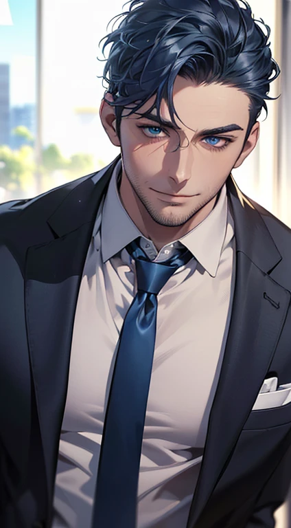 (best quality,4k,8k,highres,masterpiece:1.2),ultra-detailed,(realistic,photorealistic,photo-realistic:1.37),1 man,31 years old,mature man,very handsome,without expression,smile,short blue hair,blue eyes,penetrating gaze,perfect face without errors,imposing posture,businessman,office background,cinematic lighting,hdr image