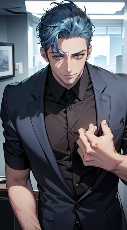 (best quality,4k,8k,highres,masterpiece:1.2),ultra-detailed,(realistic,photorealistic,photo-realistic:1.37),1 man,31 years old,mature man,very handsome,without expression,smile,short blue hair,blue eyes,penetrating gaze,perfect face without errors,imposing posture,businessman,office background,cinematic lighting,hdr image