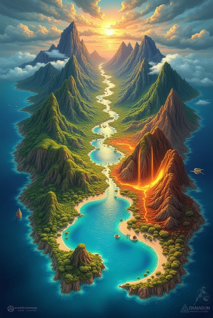 Create a fictional map whose main region is called the elemental world., that it has 5 regions in total, 
